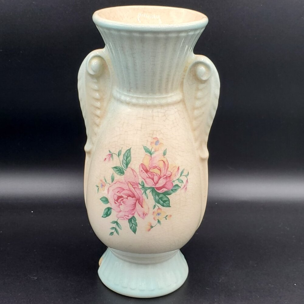 ROYAL COPLEY Vintage 1940s Ceramic Blue & Pink Double Handle Rose 7" Vase - Picture 6 of 6